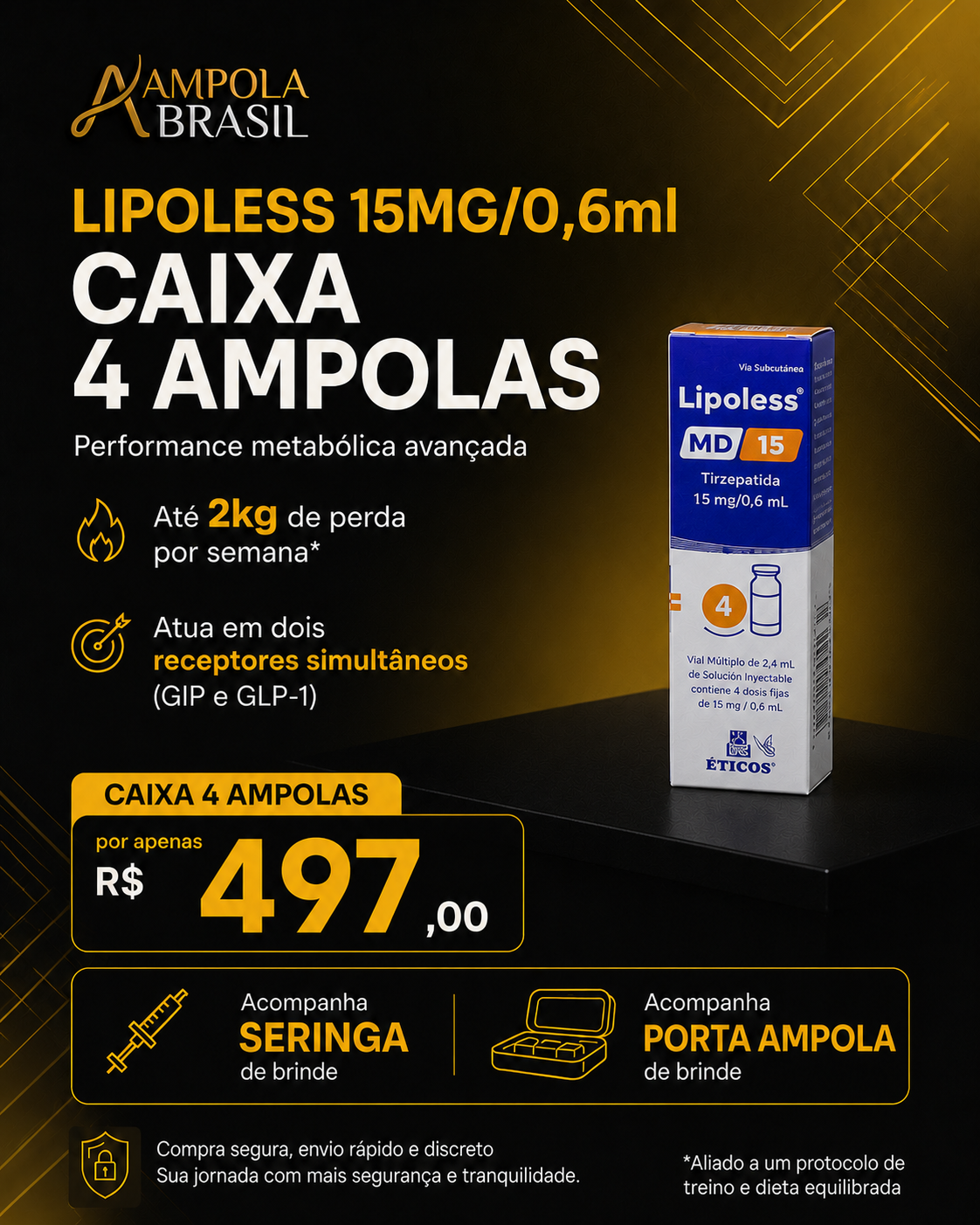 Lipoless 15 Tirzepatida 15MG/0,5ML (4 Frascos com Solução Injetável) foto 1